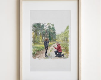 Retrato de propuesta de pareja personalizado, retrato a partir de una foto, regalo de compromiso para ella, regalo de aniversario para él, pintura de acuarela para pareja