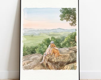 Custom Watercolor Portrait with Dog Personalized Girlfriend & Pet drawing, Christmas Gift Wall Art