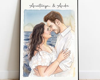 Custom Hand-Drawn Watercolor Portrait, Couple Proposal Drawing Gift for Her, Boyfriend and Girlfriend Christmas Gift