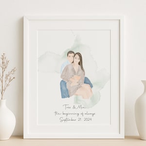 Custom Watercolor Couple Portrait Print, Personalized Wedding Gift for Him or Her, Romantic Engagement Wall Art with Names and Date