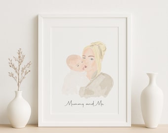 Custom Watercolor Mom and Baby Portrait, Personalized Mother and Child Illustration, Mother’s Day Gift, Family Wall Art Print