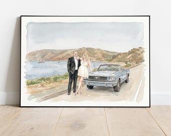 Watercolor Couple Portrait from Photo, Custom Anniversary Gift for Wife and Husband,Engagement Gift for Her, Paper Anniversary Gift for Him