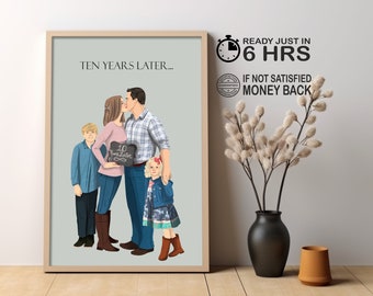 10th Anniversary Gift, Custom Couple Portrait Illustration Drawing, Ten Year Anniversary Gift ideas for wife, husband, 10 year anniversary