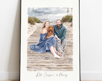Custom Hand-Drawn Watercolor Family Portrait with Dog Personalized Couple & Pet Illustration, Christmas Gift Wall Art