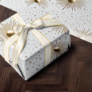 Holiday Gift Wrap | White Christmas Present Paper | Gift Wrap | Christmas Wrapping Paper Roll | Gift Wrap Gold Starburst Foil Accents Design