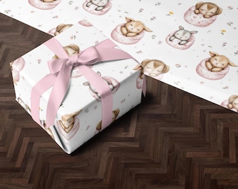 Papel de regalo para baby shower / Papel de regalo rosa con diseño de corderito / Papel de regalo / Rollo de papel de regalo para niña / Papel de regalo con diseño de animalitos bebés
