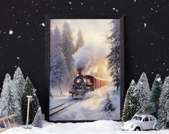 印刷して発送 | 額入りクリスマス列車プリント | クリスマスアート | ホリデーウィンターデコレーション | クリスマス絵画 | 物理的なプリント