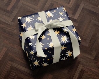 Holiday Gift Wrap | Dark Blue Christmas Present Paper | Gift Wrap | Christmas Wrapping Paper Roll | Gift Wrap Gold Stars Accents Design