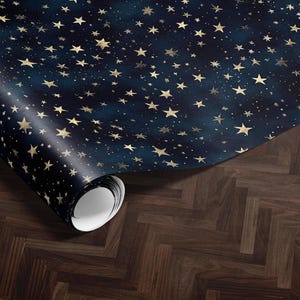 Holiday Gift Wrap | Dark Blue Christmas Present Paper | Gift Wrap | Christmas Wrapping Paper Roll | Gift Wrap Midnight Gold Star Accents