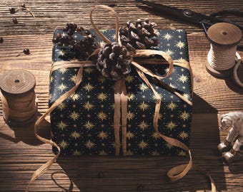 Holiday Gift Wrap | Black Christmas Present Paper | Gift Wrap | Christmas Wrapping Paper Roll | Gift Wrap Retro Luxury Gold Accents Design