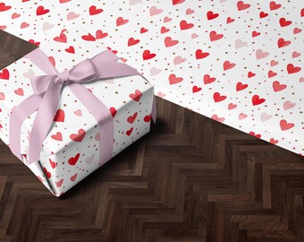 Papel de presente para o Dia dos Namorados | Papel de presente com corações rosa e vermelhos | Papel de presente | Rolo de papel de embrulho para o Dia dos Namorados | Design de papel de presente com detalhes de coração