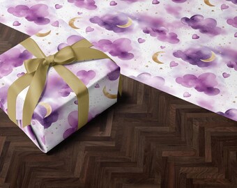 Valentines Day Gift Wrap | Kids Purple Present Paper | Gift Wrap | Valentine Wrapping Paper Roll | Gift Wrap Moon Heart Accents Design