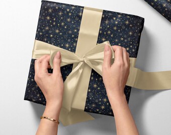 Holiday Gift Wrap | Dark Blue Christmas Present Paper | Gift Wrap | Christmas Wrapping Paper Roll | Gift Wrap Celestial Star Accents Design