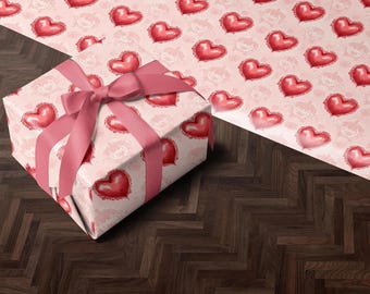 Papel de presente para o Dia dos Namorados | Papel de presente com corações vermelhos | Papel de presente | Rolo de papel de embrulho para o Dia dos Namorados | Papel de presente com detalhes vintage