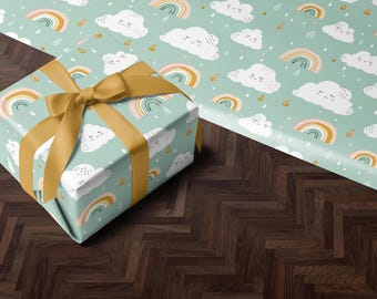 Babyshower Gift Wrap | Kids Baby Present Paper | Gift Wrap | Unisex Wrapping Paper Roll | Gift Wrap Rainbow Cloud Accents Design