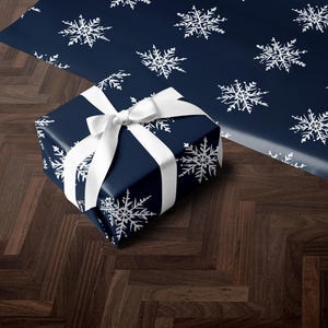 Holiday Gift Wrap | Dark Blue Christmas Present Paper | Gift Wrap | Christmas Wrapping Paper Roll | Gift Wrap Snowflake Accents Design
