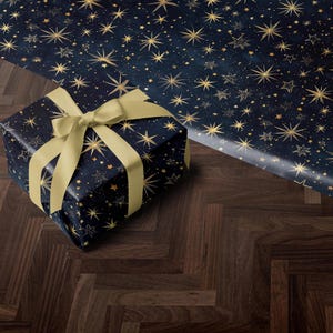 Holiday Gift Wrap | Dark Blue Christmas Present Paper | Gift Wrap | Christmas Wrapping Paper Roll | Gift Wrap Celestial Star Accents Design