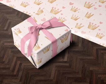 Babyshower Gift Wrap | Pink Baby Birthday Present Paper | Gift Wrap | Girl Wrapping Paper Roll | Gift Wrap Tiara Crown Accents Design