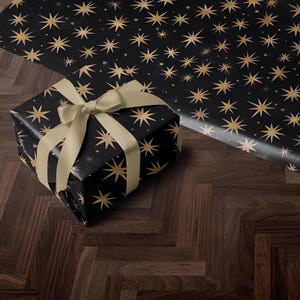 Holiday Gift Wrap | Dark Christmas Present Paper | Gift Wrap | Christmas Wrapping Paper Roll | Gift Wrap Gold Star Accents Design