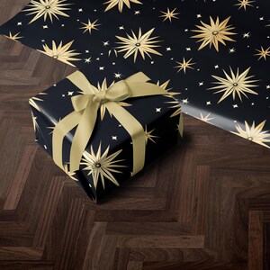 Holiday Gift Wrap | Black Christmas Present Paper | Gift Wrap | Christmas Wrapping Paper Roll | Gift Wrap Retro Luxury Gold Accents Design