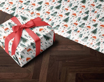 Papel de regalo navideño / Papel de regalo blanco para Navidad / Papel de regalo / Rollo de papel de regalo navideño / Diseño con detalles de pinos y árboles de Navidad