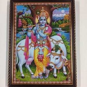 Krishna Kamadhenu Cow Photo Frame: Hindu Religious Wall Art (13.5x10&quot;)