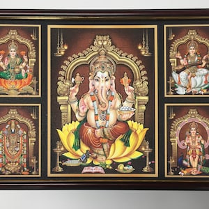 Ganesha\ Saraswati\ Murugan\Tirupati Balaji\ Lakshmi Five Hindu god and goddess Framed Picture Frames  WALLFRAMES (19X13&quot;)