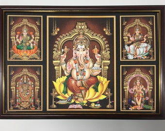 Hindu God & Goddess Framed Picture: Ganesha, Lakshmi, Murugan (19x13&quot;)