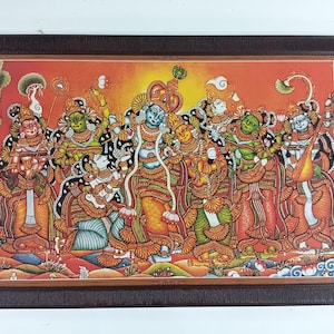 May include: A framed painting depicting a group of figures in vibrant colors. The artwork features detailed depictions of multiple figures with ornate clothing and accessories, set against a warm orange background. The frame is a dark brown color.