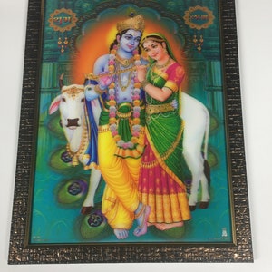 Radha Krishna Göttliche Liebe mit Kuh gerahmte Bilderrahmen 3D WALLRAMES (17x13 &quot;)