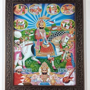 May include: A framed religious print featuring a central figure on horseback, surrounded by smaller circular illustrations. The artwork showcases vibrant colors, including reds, blues, and greens, with a detailed brown frame. The image depicts a religious theme.