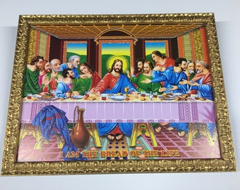 【美大生制作・一点物】最後の晩餐 油絵 額縁付き W140xH90xD6cm イエス・キリストの最後の晩餐を描いた額入り絵画フレーム（壁掛け用