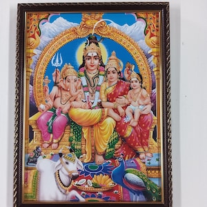 Lord Shiva Family Framed Picture: Hindu God Ganesha Art (13x10&quot;)