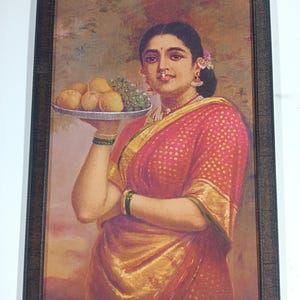 Maharashtrian Lady with Fruit Painting Print Framed WALLFRAMES (30.5X20.5")