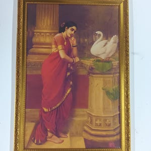 Lámina decorativa de Raja Ravi Varma: Dama con cisne – Lámina de arte mural clásico indio vintage