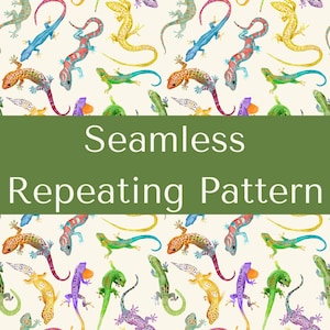 May include: A seamless repeating pattern featuring colorful lizards in various poses on a white background. The lizards are drawn in a watercolor style and have a variety of colors, including green, blue, red, yellow, and purple.