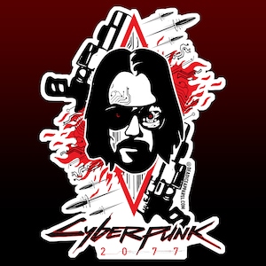 Può includere: Un'illustrazione in bianco e nero di un personaggio della serie di videogiochi Cyberpunk. Il personaggio ha i capelli lunghi e indossa occhiali da sole. L'immagine è su uno sfondo rosso e bianco con fiamme e il testo "Cyberpunk 2077".