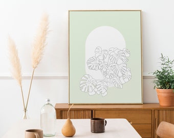 PRINTABLE WALL ART - Minimalist Plant Drawing Line Art, Midcentury Modern Monstera Botanical Print Digital Art, Boho Leaf Home Poster Print