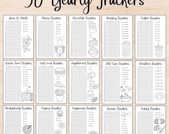 2025 Bullet Journal Trackers, Undated, Yearly trackers bundle, BUJO Planner with doodles to color and track goals around the year