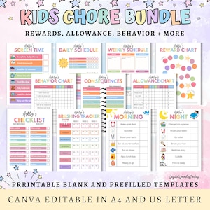 Pacchetto di tabelle modificabili per le faccende domestiche dei bambini, scuola, ricompensa, paghetta, lista di controllo giornaliera, faccende settimanali, comportamento, conseguenze, tempo trascorso davanti allo schermo, lettera