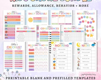 Editable Kids Chore Chart Bundle, School, Reward, Allowance, Daily Checklist, Weekly Chores, Behavior, Consequences, Screen Time, Letter
