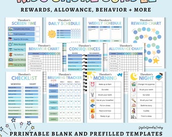 Editable Kids Chore Chart Bundle | Boys Chore Chart | Kids Chore Chart Bundle | Brushing Teeth | Reward Allowance Responsibility Behavior