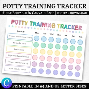 Potty Training Tracker Printable, Toilet Training Tracker, Potty Training Log, Kids Potty Chart, Instant Download PDF, Canva, Editable PDF