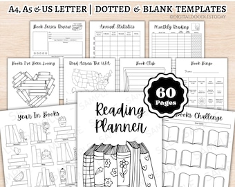 Book Reading Planner Printable Digital Download, Printable Reading Trackers Challenges Logs Bookshelf,  Book Review Journal, Reading Bundle