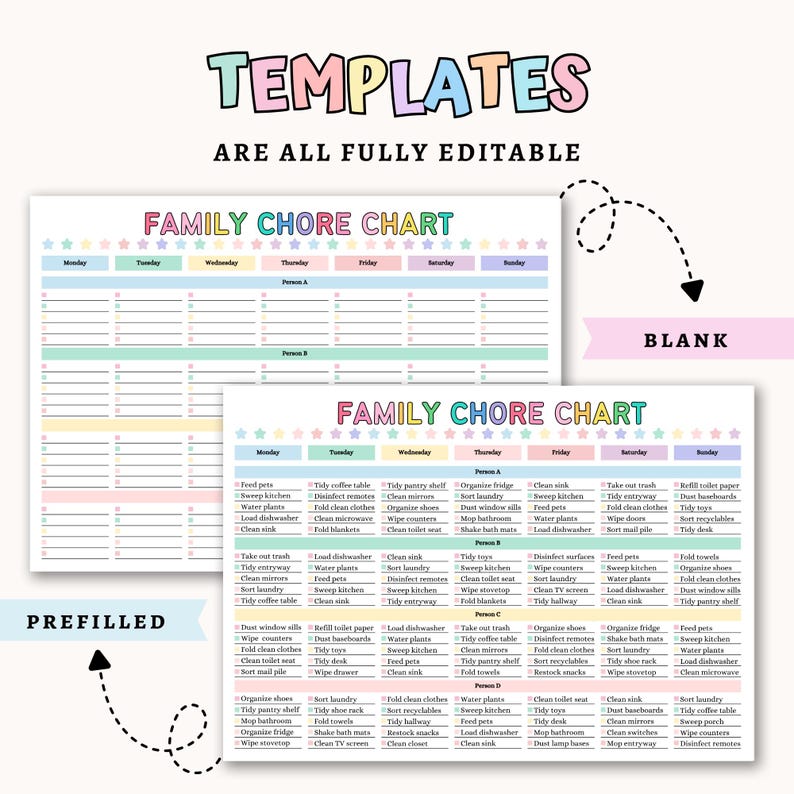 May include: Two family chore chart templates, one prefilled and one blank, with colorful headers and a pastel color scheme. The text "TEMPLATES" and "ARE ALL FULLY EDITABLE" are at the top. The prefilled chart includes a list of chores.