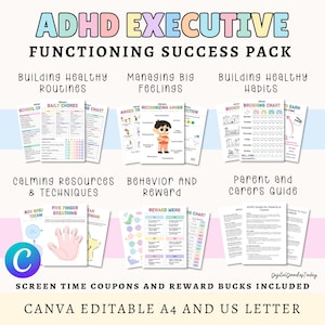 May include: ADHD Executive Functioning Success Pack with resources for building routines, managing feelings, and building healthy habits. Includes calming techniques, behavior rewards, and a parent guide. Canva editable A4 and US letter.