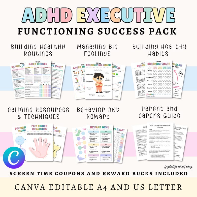 May include: ADHD Executive Functioning Success Pack with resources for building routines, managing feelings, and building healthy habits. Includes calming techniques, behavior rewards, and a parent guide. Canva editable A4 and US letter.