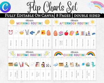 Kids Flip Routine Chart Editable Printable, Morning Evening Bedtime Flip Chart, Visual Schedule For kids Toddler Chore Chart Canva PDF