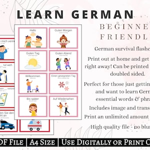 K&ouml;nnte beinhalten: Ein Satz druckbarer deutscher Lernkarten mit bunten Illustrationen und englischen &Uuml;bersetzungen. Die Lernkarten zeigen g&auml;ngige Phrasen und W&ouml;rter f&uuml;r Anf&auml;nger, wie "Hallo", "Guten Morgen", "Guten Tag", "Guten Abend", "Willkommen", "Bis sp&auml;ter" und "Auf Wiedersehen".