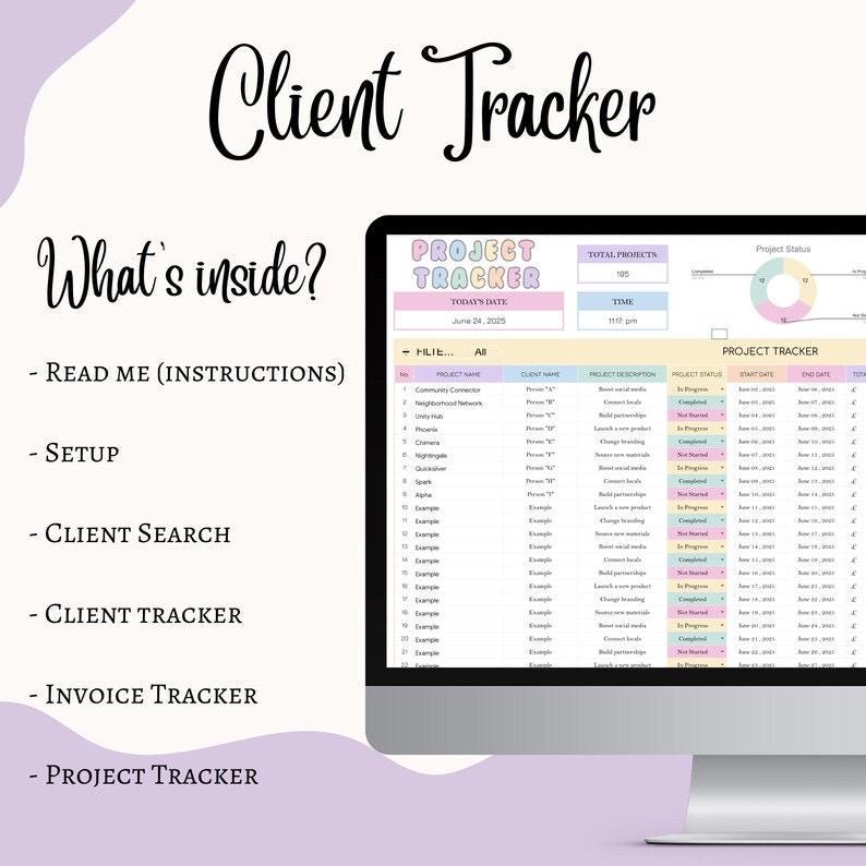 May include: A computer screen displaying a client tracker spreadsheet. The screen shows a project tracker with columns for project name, client name, project description, project status, start date, and end date. The words "Client Tracker" and "Project Tracker" are visible.